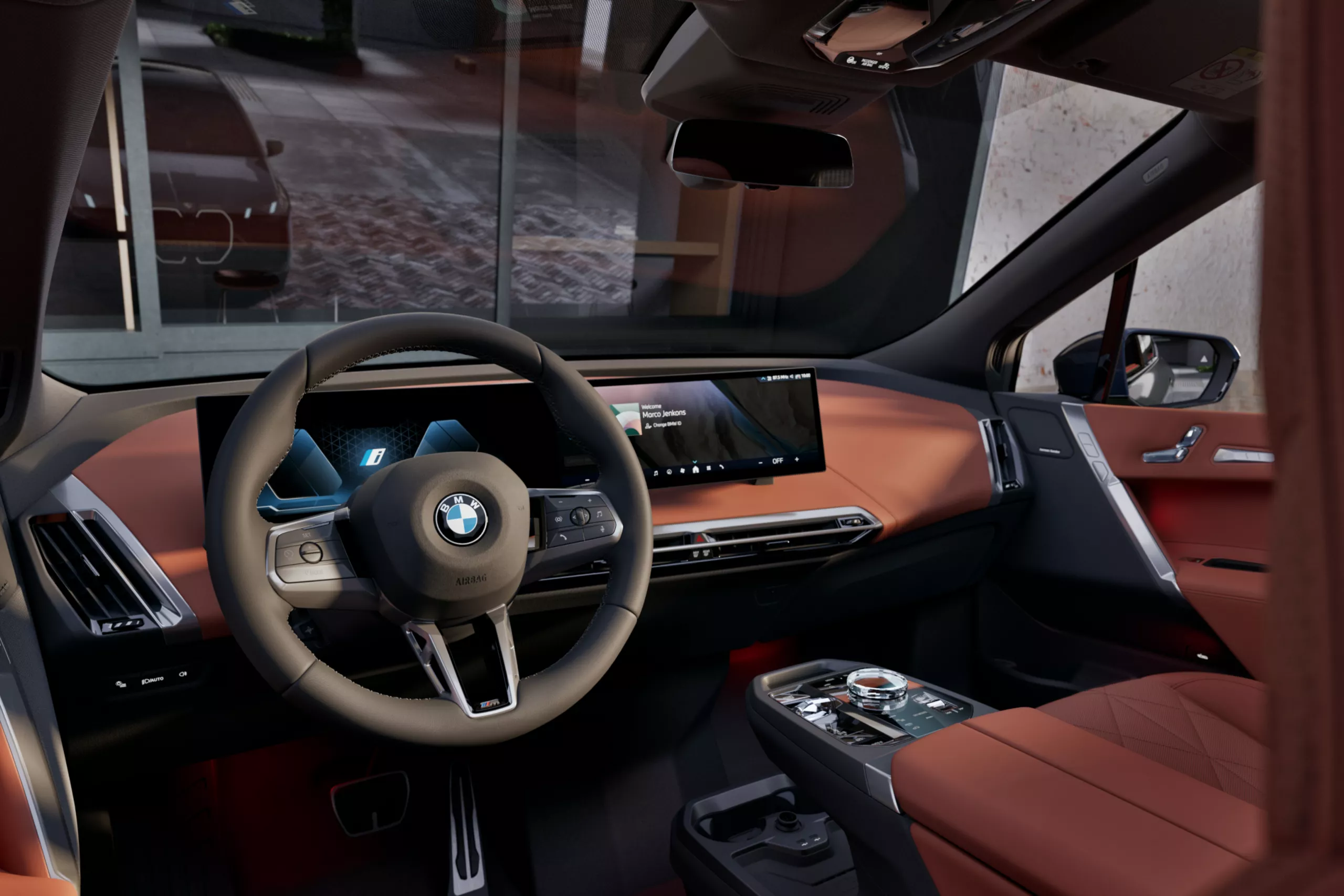 BMW iX électrique garé en ville, design moderne et lignes épurées